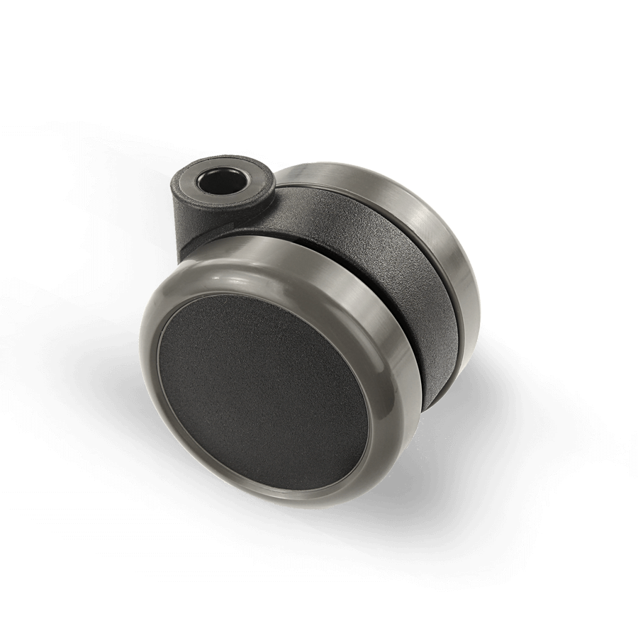 Satz 65 mm Universalrollen mit lastabhängiger Bremsfunktion und Polyurethanbandage, geeignet für Hart- und Teppichböden.